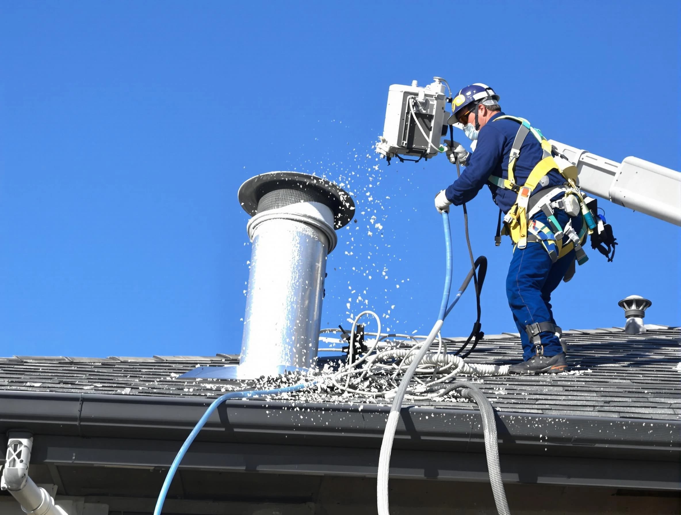 Ashland City Dryer Vent Cleaning certified technician safely cleaning a roof-mounted dryer vent in Ashland City