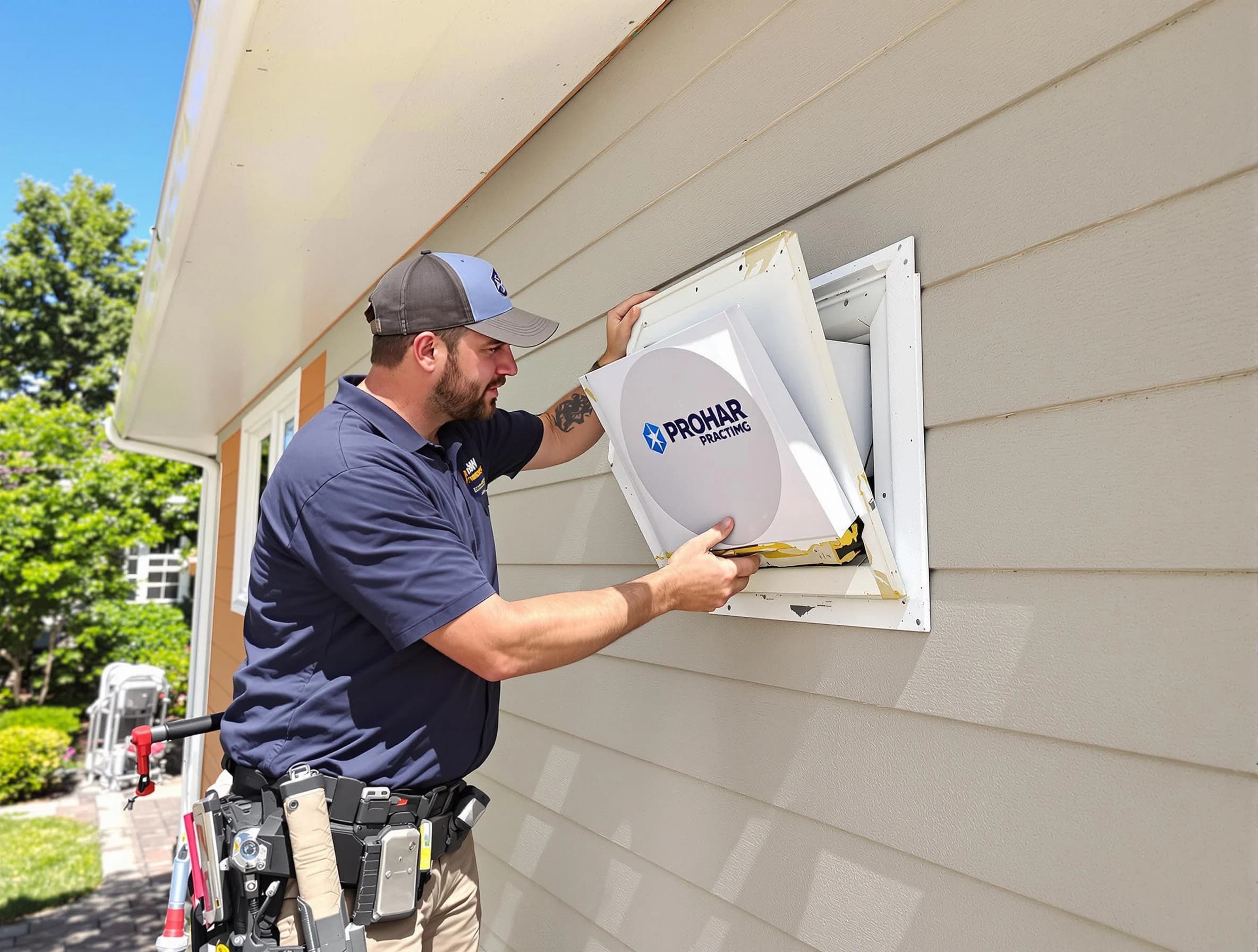 Ashland City Dryer Vent Cleaning technician installing a new protective dryer vent cover on a home in Ashland City