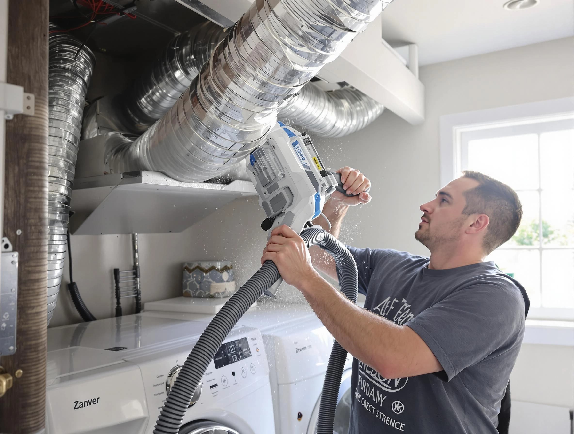 Ashland City Dryer Vent Cleaning specialist cleaning deep within a dryer vent duct system in Ashland City